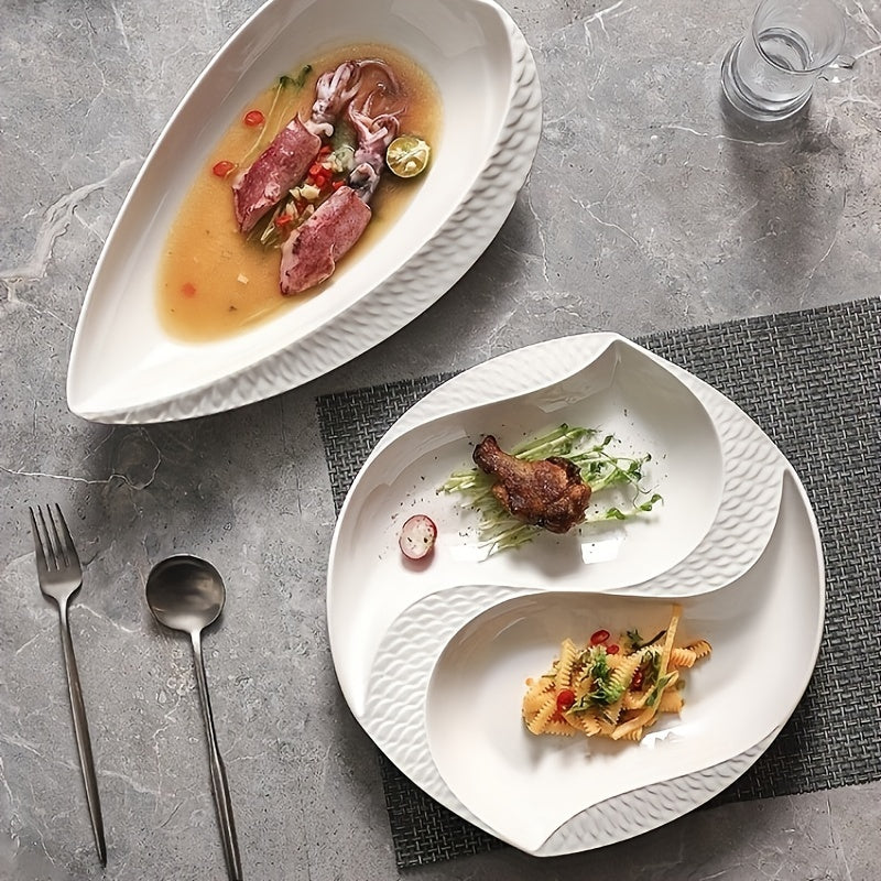 10.5-Inch/12-Inch, Large Creative Compartments Ceramic Plates, Suitable for Use in Restaurants And Homes, Exquisite Kitchenware, Tableware, Western Plates, And Artistic Dining Utensils, Home Dining Essentials, Restaurant Tableware, Stylish Tableware, Mod