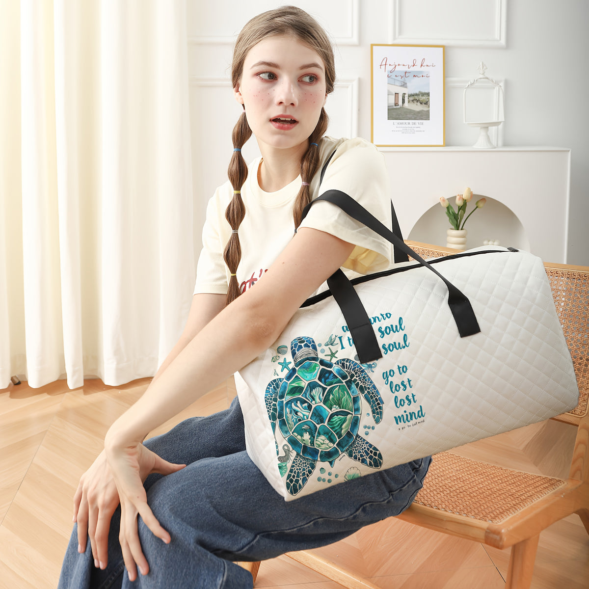 Cartoon turtle pattern printed handbag, grid large capacity travel luggage bag, portable overnight bag, fashionable travel bag, yoga training bag, portable crossbody bag with shoe storage