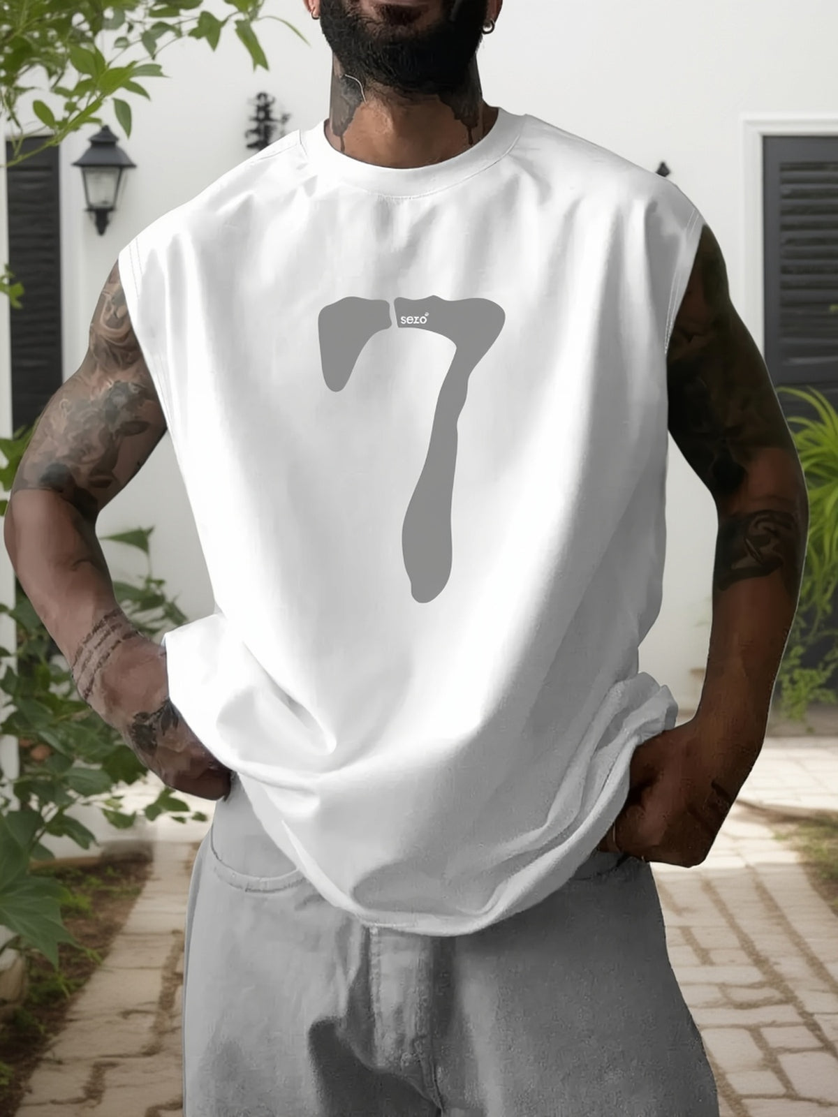 Sleeveless Men'S T-Shirt with a Trendy And Minimalist Design, Featuring a Print Number 7 Pattern, Suitable for Spring And Summer, Vacations, Parties, And Casual Gatherings with Friends