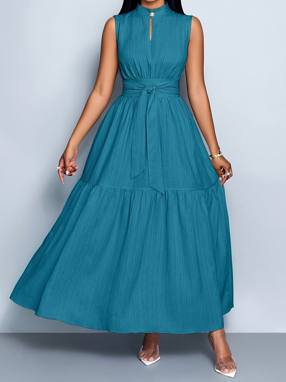 Stand-Up Collar Hollow Sleeveless Waist-Cinching Dress, Elegant And Women'S Summer Casual Dress