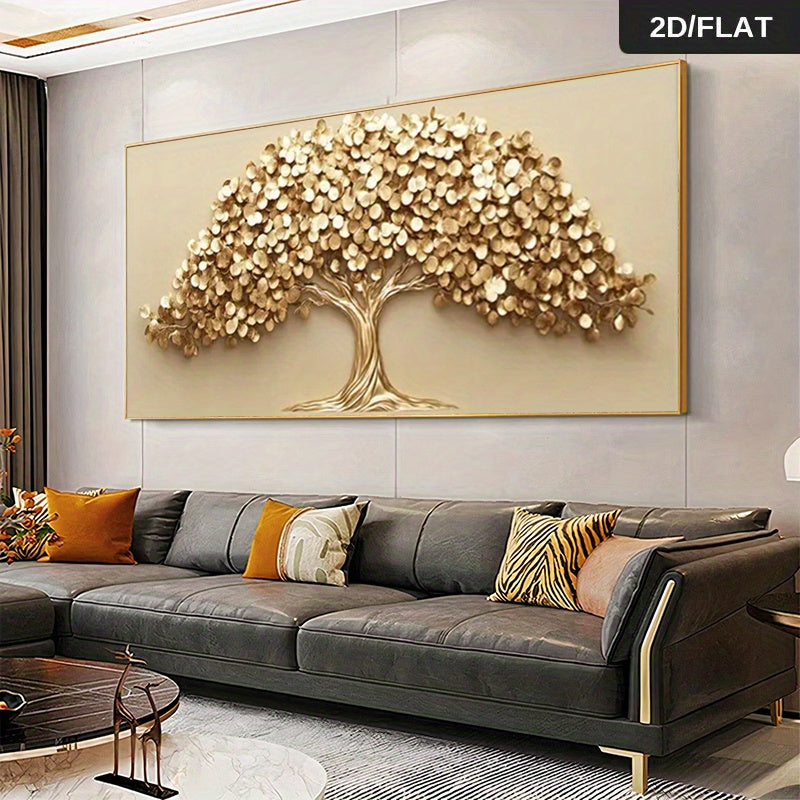 1pc Extra Large Modern Abstract Golden Tree of Life Wall Art - Large Beige & Golden Canvas Painting for Living Room, Bedroom, Office Decor - Minimalist Large Wall Decor, Housewarming Gift, Symbolic Prosperity Tree with Golden Leaves - Easy Hanging Instal
