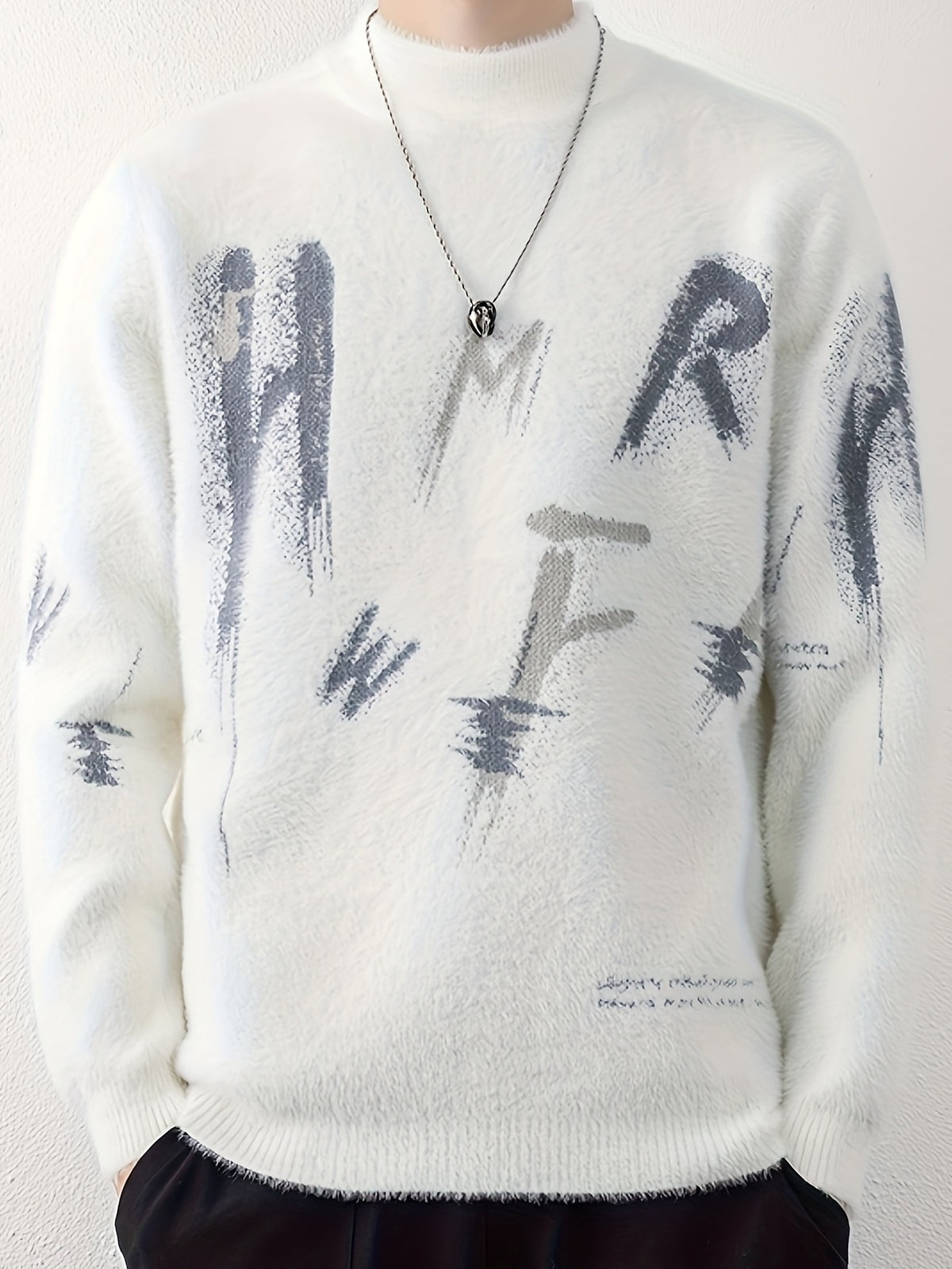 SENMEIGUO Men's Slim Fit Thick Knit Sweater - White with Black Brushstroke Letter Design, Round Neck Long Sleeve Thermal Base Layer for Autumn Winter Casual Wear, Winter Sweater, Modern Knitwear, Textured Fabric