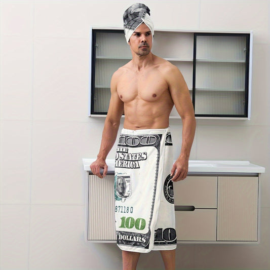 2pcs Men'S Towel Set - Artistic 100 Dollar Bill Design, Microfiber Bathrobe & Towels, Perfect for Shower, Pool, Spa, and Beach - Ideal Birthday Gift for Men, Bath Towels, Wash Cloths