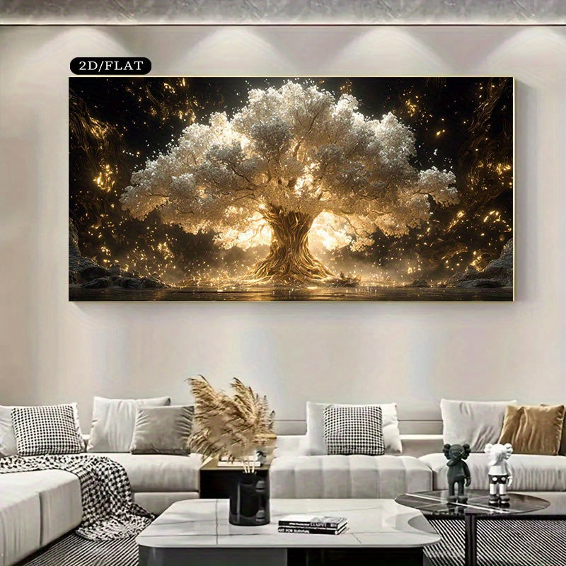 1pc Extra Large Modern Canvas Wall Art - Glowing Tree with Golden Branches & Shimmering Leaves, Dark Background - Frameless Poster for Living Room, Bedroom, Office Decor - Home Decoration Gift Idea - Available in Imperial/ Metric Dimensions (27.5x55.1in