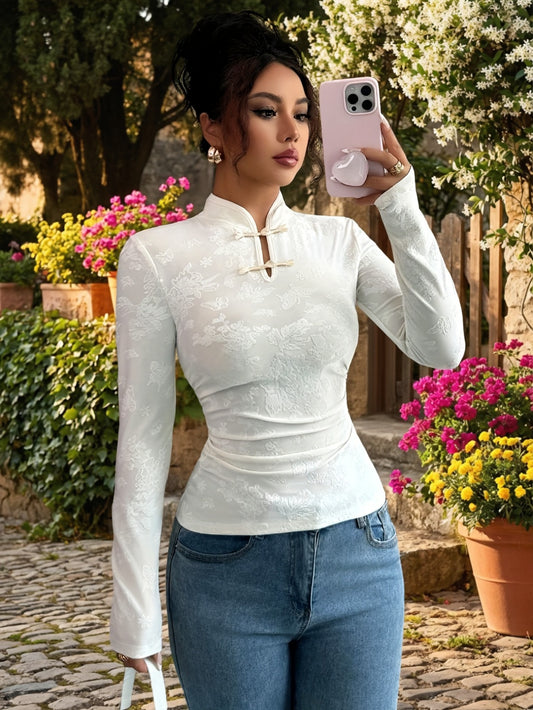 Women's Elegant Solid Color Long-Sleeve T-Shirt with Stand Collar - Slim Fit Blouse, Machine Washable Spring/Autumn Top for, Semi-Formal & Casual Wear - Versatile Plain Shirt