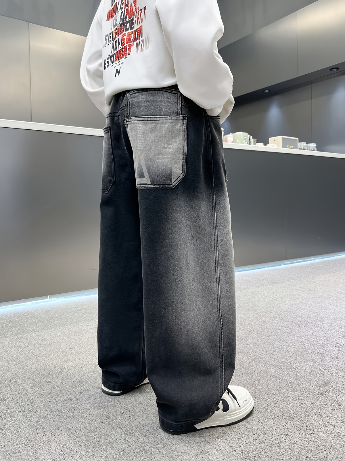 Boys' Casual Loose-Fit Straight-Leg Faux Denim with Elastic Waistband - Cartoon Character & Letter Print, Ripped Detail, All-Season Outdoor Sports & Dance Pants for School, Cycling, and Casual Attire, Boy Faux Denim, School Uniform Pants, Trendy Cartoon