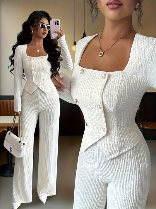 Women's Autumn/Winter Solid Color Square Neck Long Sleeve Slim Fit Top and Loose Pants Simple Elegant Set, Two-Piece