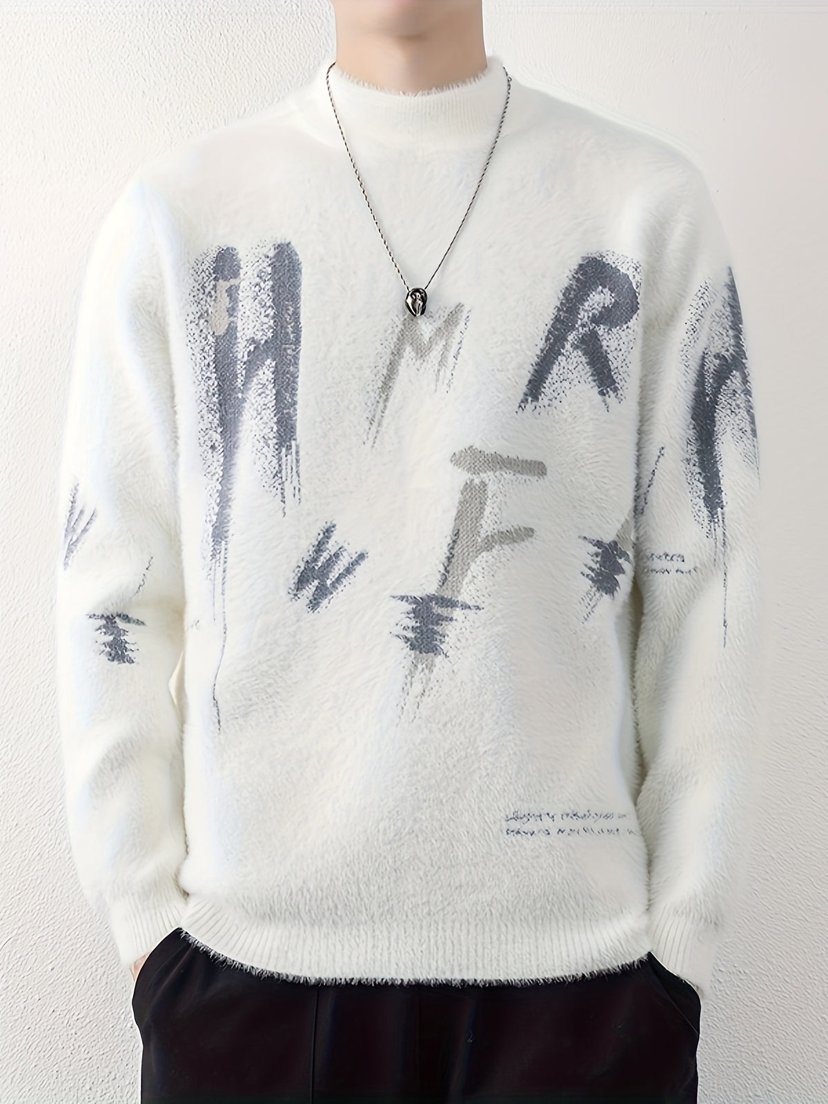 SENMEIGUO Men's Slim Fit Thick Knit Sweater - White with Black Brushstroke Letter Design, Round Neck Long Sleeve Thermal Base Layer for Autumn Winter Casual Wear, Winter Sweater, Modern Knitwear, Textured Fabric