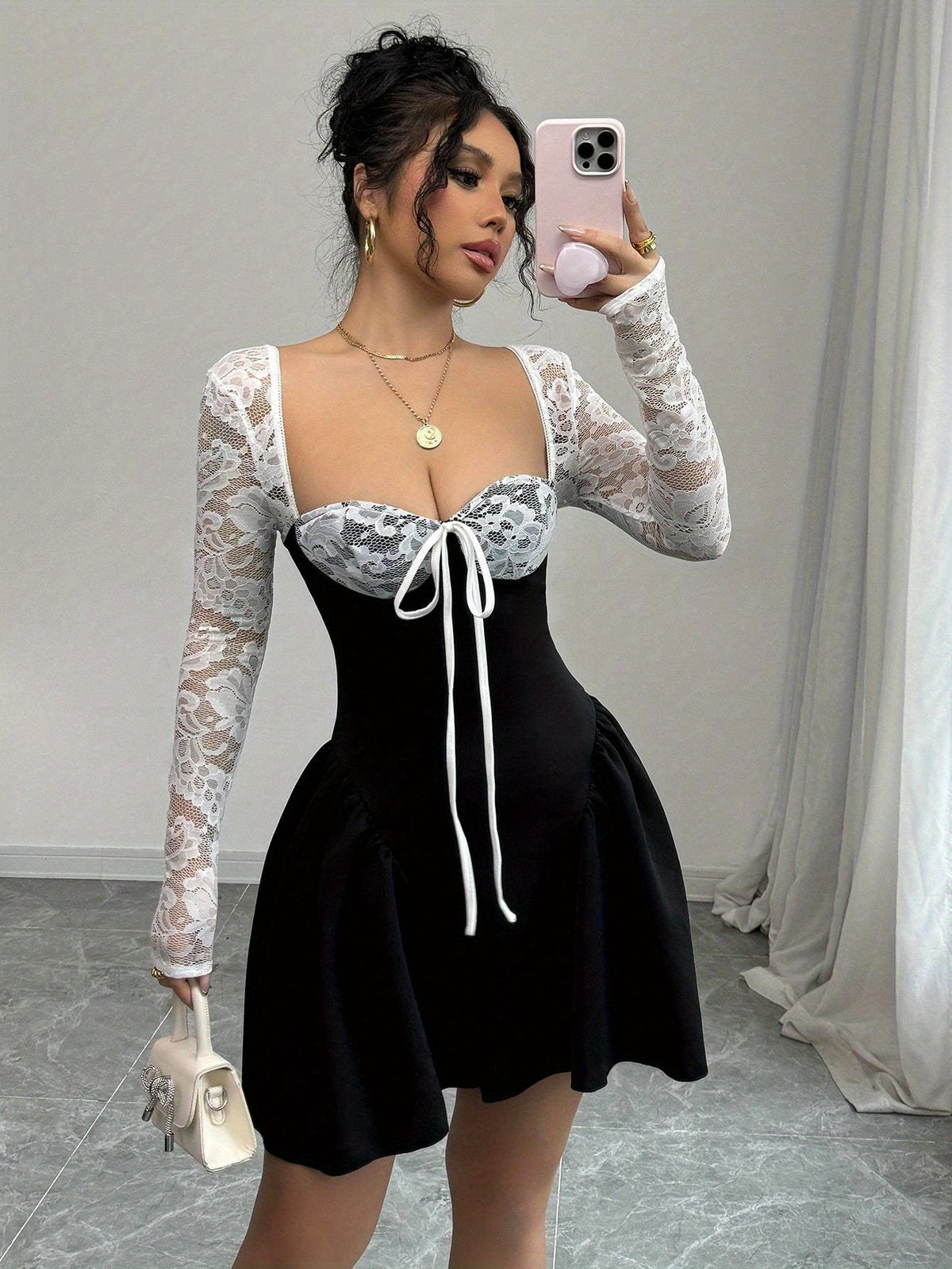 Lace Contrast Panel Dress with Black Airy Fabric, Front Tie Design, A-Line Shape for a Fit, Waist-Cinching and Figure-Flattering, Elegant and Fashionable, Perfect for Casual Attire, Instagram Influencer Style