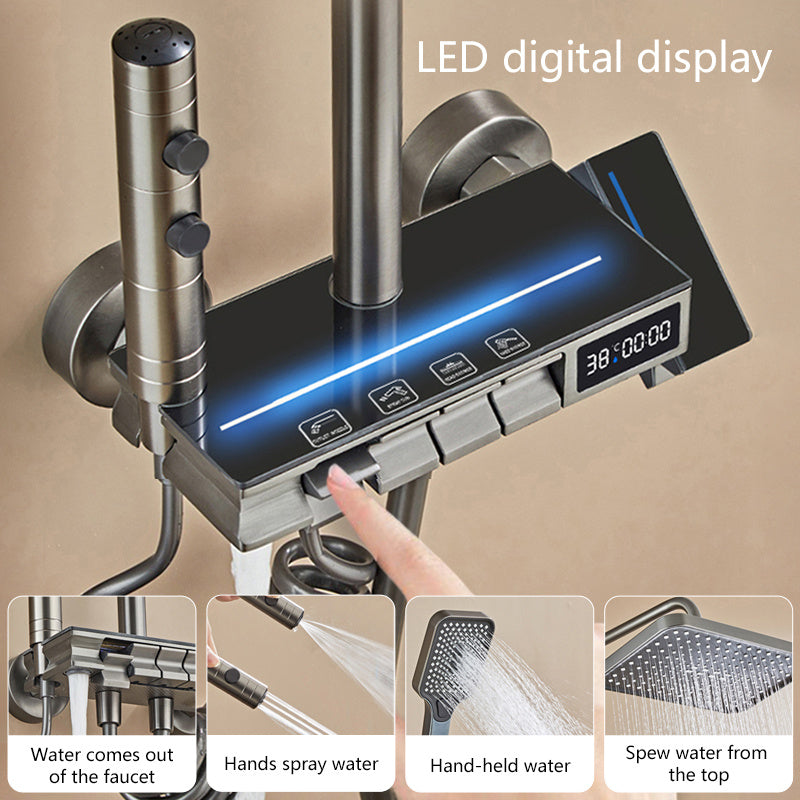 1 Set Luxury Modern LED Digital Display Bathroom Shower System, Piano Key Brass Valve Faucet Kit with Rainfall Head and Handheld Spray, Bathtub Nozzle, Stainless Steel Connectors, Outdoor Wall-Mounted Shower Combo, 4-Function Multi-Functional Bathro