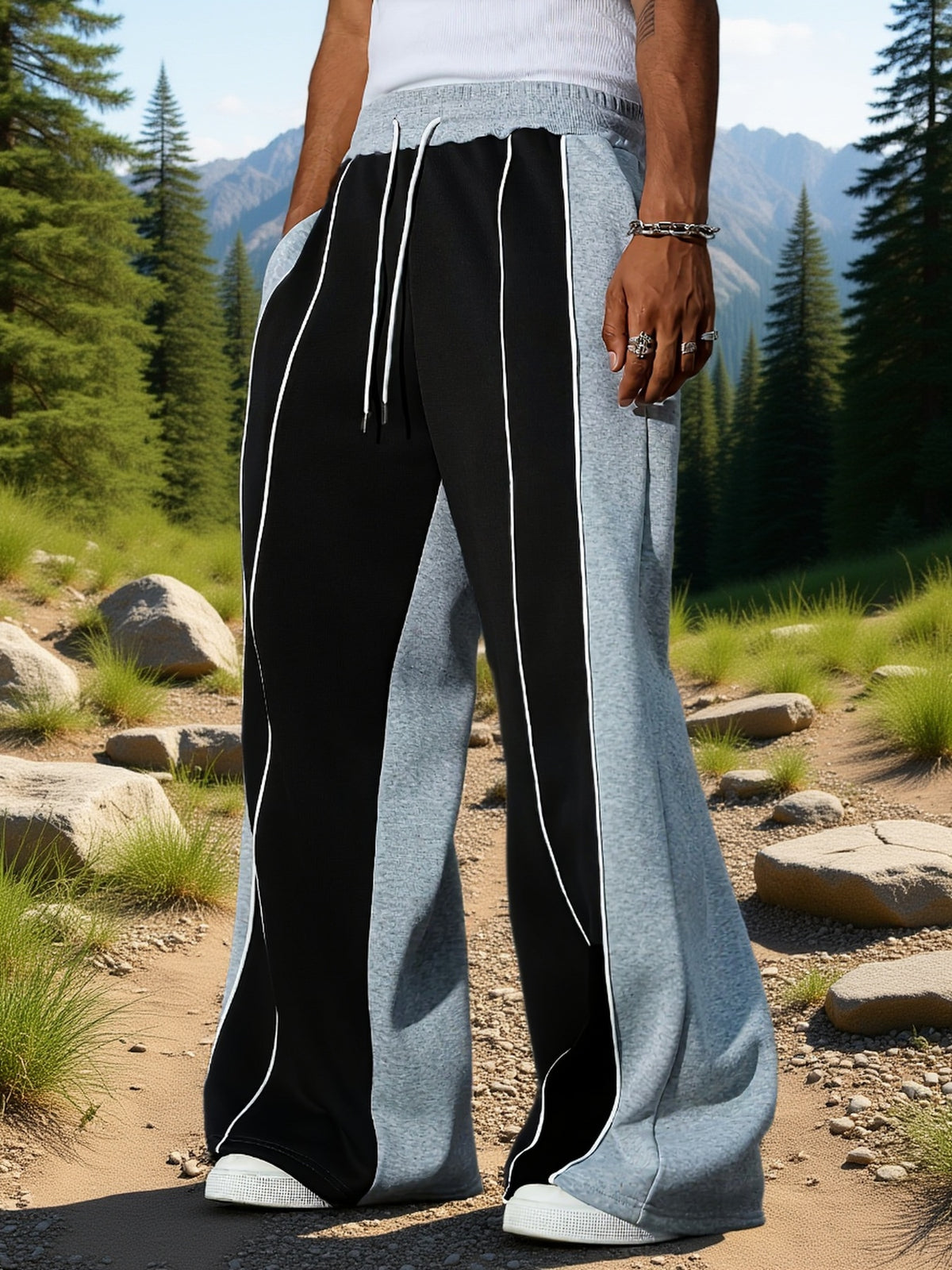 Men'S Casual Athletic Pants, Outdoor Color-Block Loose Comfortable Straight Leg Trousers