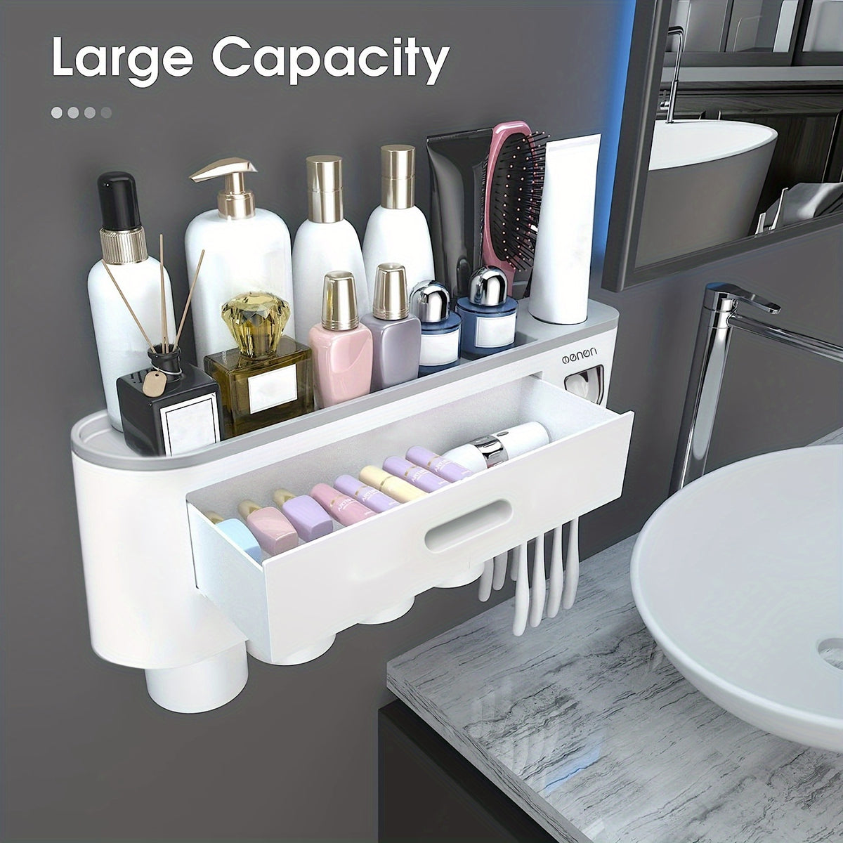 Wall-Mounted Toothbrush Holder with 4 Cups, Large Capacity Tray & 2 Cosmetic Drawers - Includes Toothpaste Dispenser - Space-Saving Bathroom Organizer Set