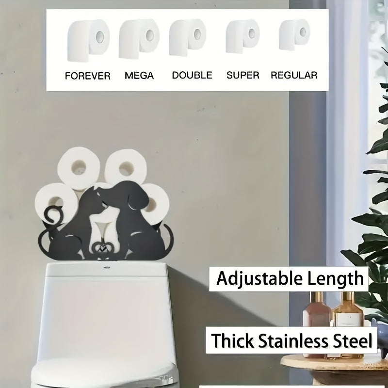 Powder-Coated Iron Cute Poodle Couple Toilet Paper Holder - Freestanding/Adhesive Bathroom & Kitchen Tissue Roll Dispenser, No Drill Installation, Dog-Themed Home Storage Accessory for Pet Lovers (Black/White)