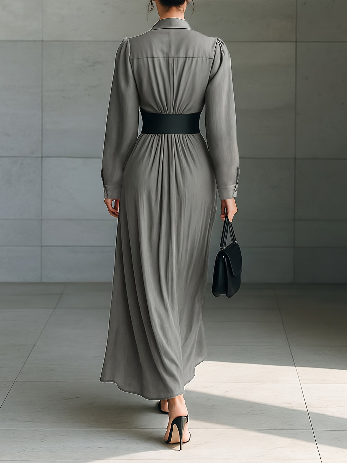 French-Style Elegant Light Gray Lapel Single-Breasted Belted Dress for Business Commuting, Suitable for Professional Women, Elegant Women's Dress ZLLZ