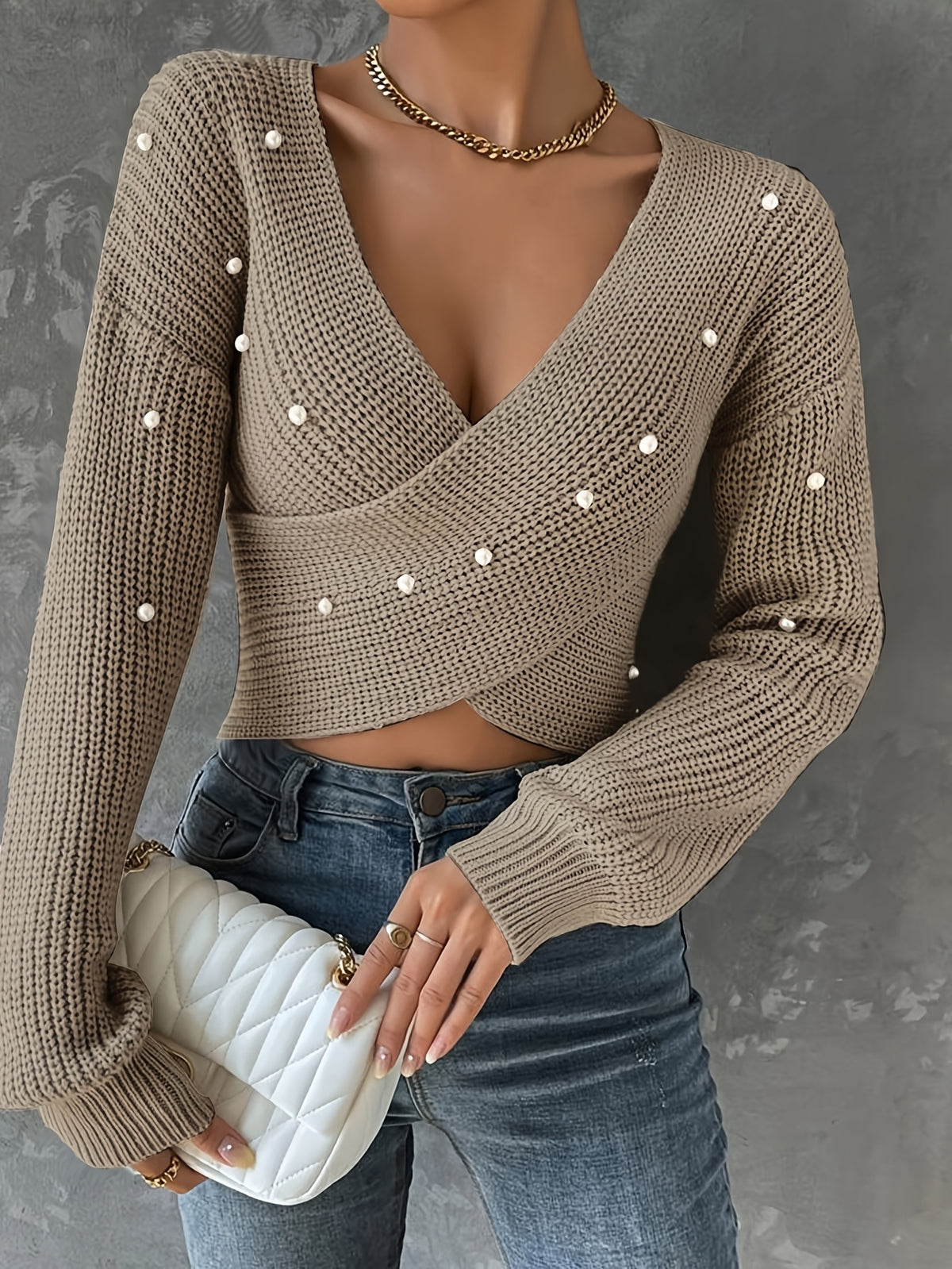 Women's Elegant Cross Neck Long Sleeve Sweater with Pearl Accents - Soft Beige Regular Fit Pullover, All-Season Versatile Casual & Formal Tops, Sweater, Formal Attire Top, Relaxed Fit Top, Durable Fabric Top