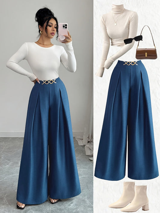 Women'S Solid Color Wide-Leg Pants Feature an Elastic Waistband, Metal Chain, And Pleated Design