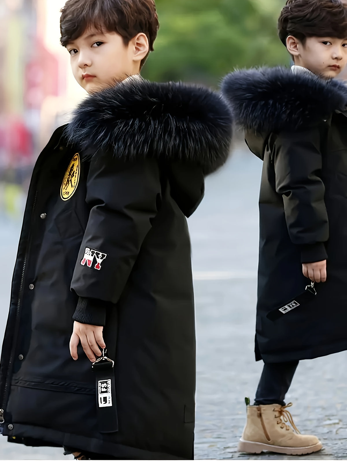 Boys' Winter Thickened Coat, Removable Hood, Mid-Length Suitable for Outdoor Leisure