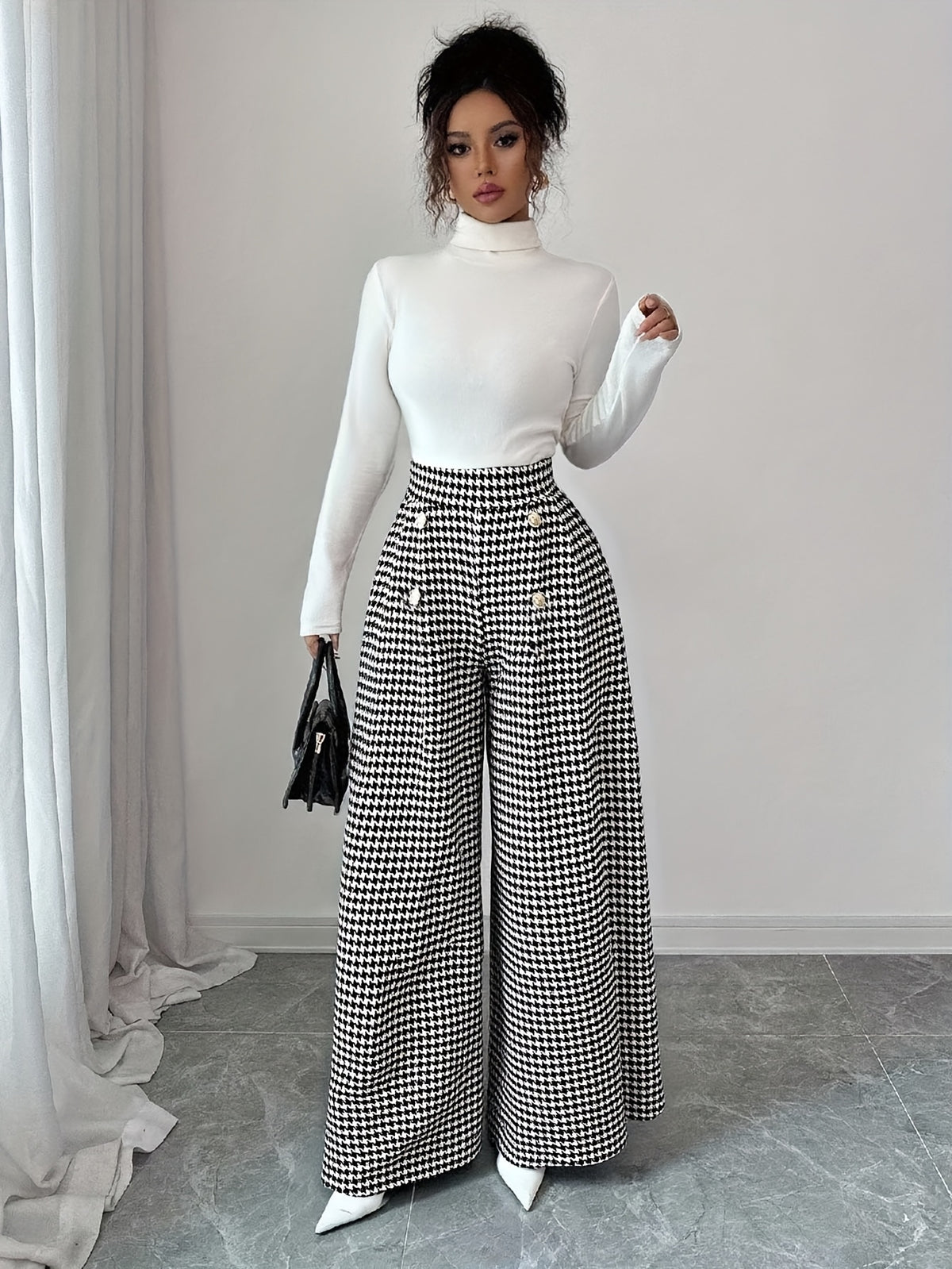 Women'S Stylish Casual Wide-Leg Trousers; Houndstooth Print; Decorative Buttons; High-Waisted Wide-Leg Casual Pants