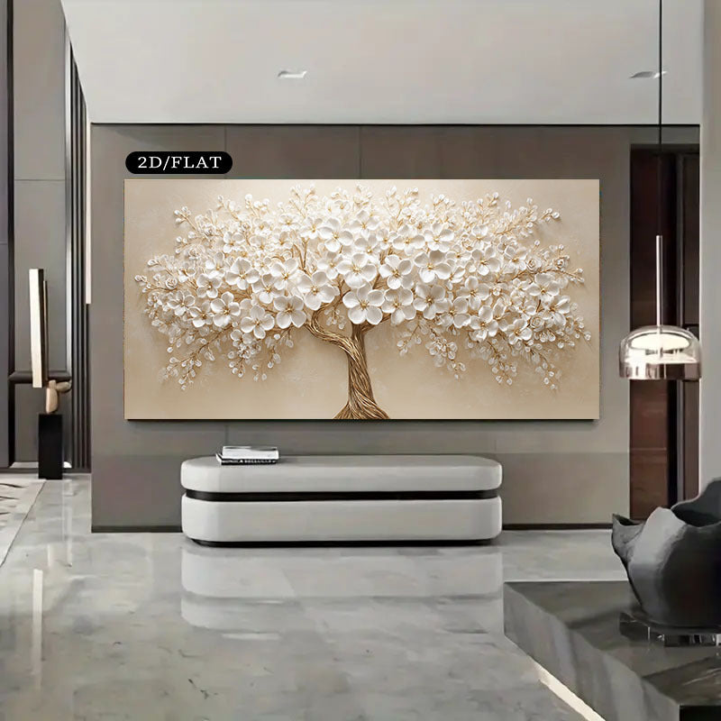 2D Flat, 1pc Extra Large Frameless Canvas Wall Art - Modern Minimalist Japanese Floral Poster, Beige Background with Realistic Tree Branches, Large Living Room Bedroom Decor, Housewarming Gift - Easy to Hang (27.5x55.1 Inches / 70x140cm), Home Decoration
