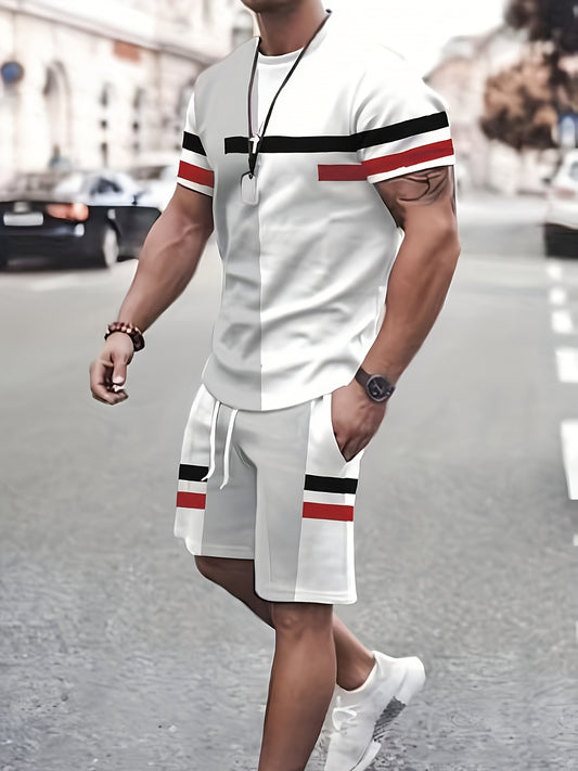 Color Block Pattern Print, 2Pcs Outfits For Men, Casual Crew Neck Short Sleeve T-shirt Tee And Drawstring Shorts Set For Summer, Men's Clothing Loungewear Vacation Workout