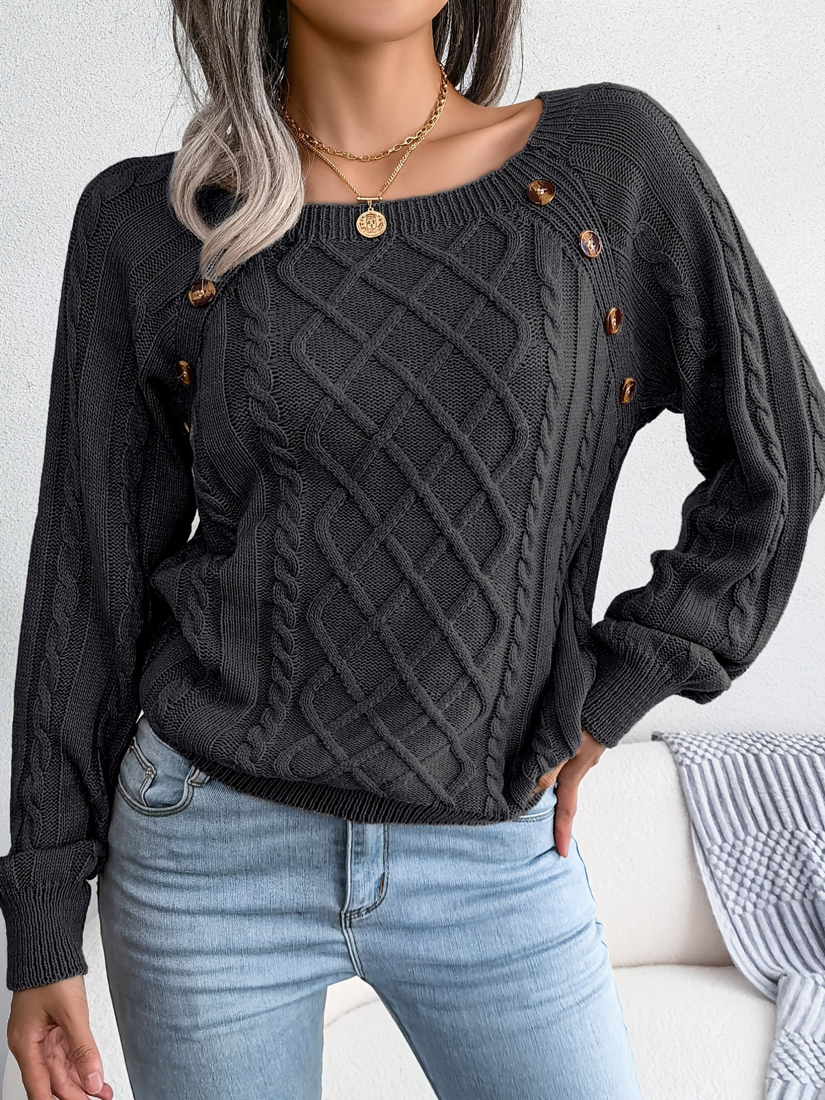 [Texture Lantern Sleeve Sweater] Round Neck Texture Lantern Sleeve Women's Sweater - Button Sweater