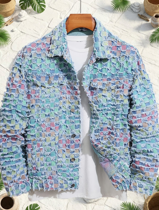 Men's Trendy Plaid Fringe Color-block Denim Jacket