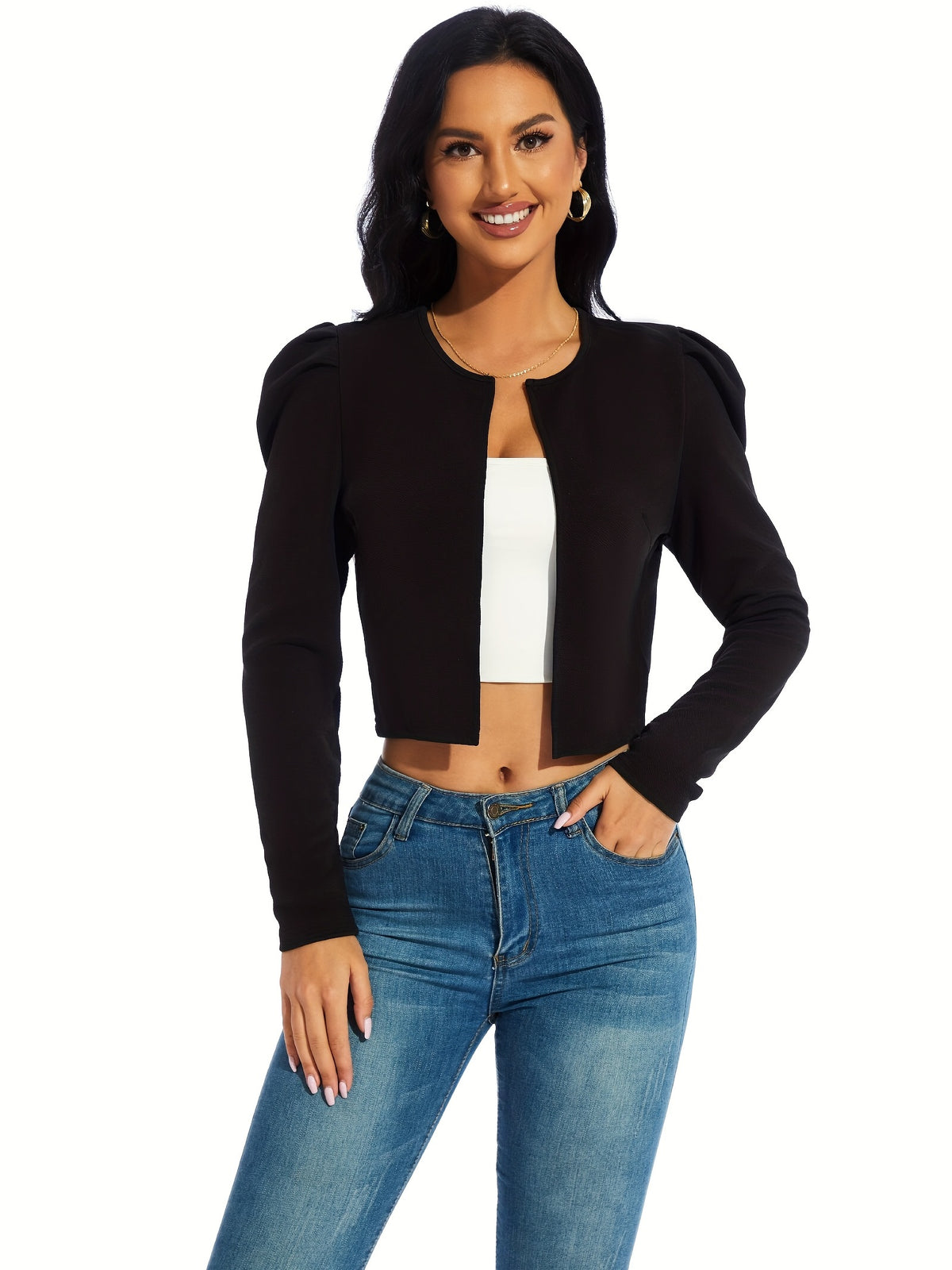 Long Sleeve Leg of Mutton Crop Jacket - Soft Medium Stretch Polyester Fabric, Crew Neck, Placket Front, Machine Washable, All-Season Casual Wear - Solid Color, Short Length, Easy Care