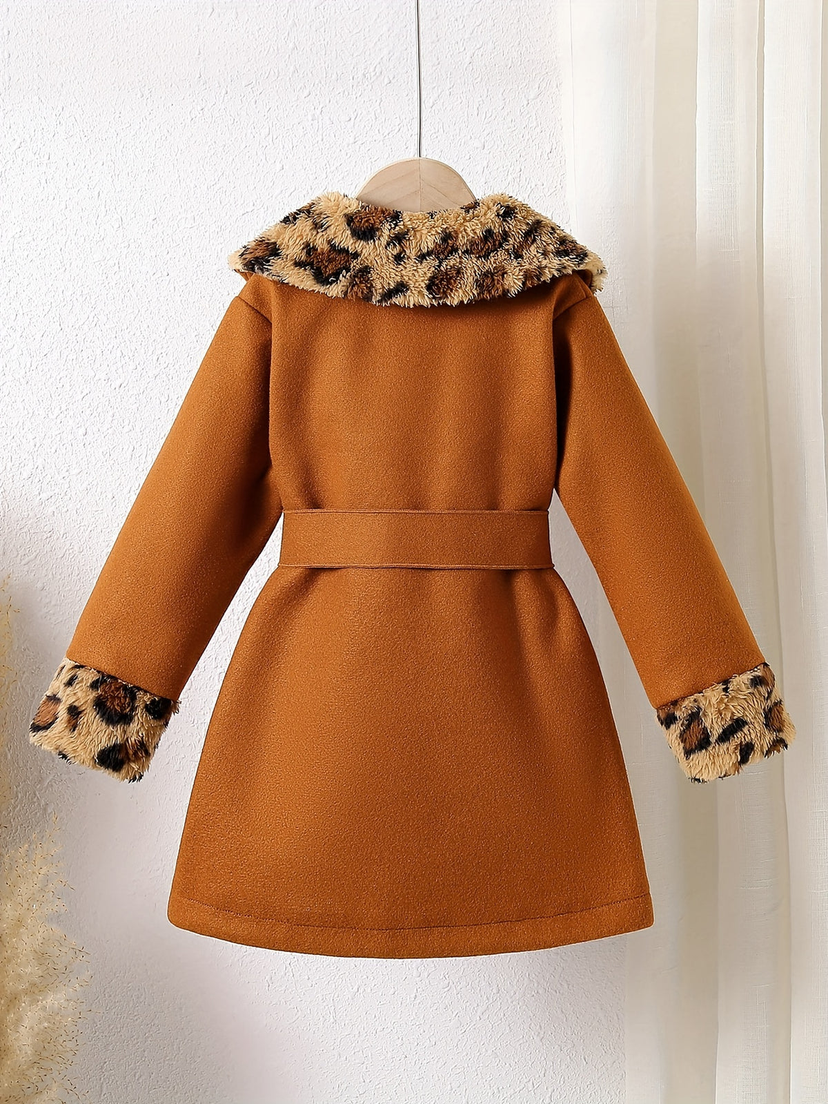 Elegant Girls' Leopard Print Fleece-Lined Coat with Belt - Long Sleeve, Button Front, Perfect for Fall/Winter