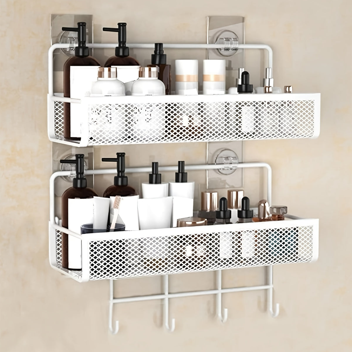 1pc White Iron Bathroom Wall-Mounted Storage Shelf with Adjustable Shelves & Suction Cup Hooks - No Drill Installation, Space-Saving Modern Design for Shower, Bathtub, Sink Organization - Rust-Resistant Paint Finish, Durable Bathroom Organizer