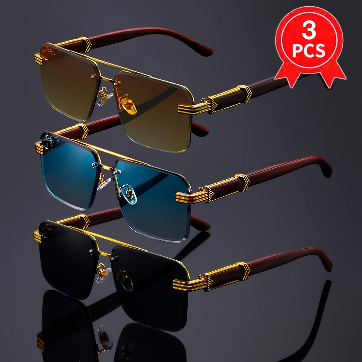 3pcs Retro Golden Fashion Glasses for Women & Men - Elegant Wood Grain Frame, Decorative Square Lenses, Plastic Hinges, Perfect for Parties, Photoshoots & Casual Wear, Party Eyewear, Classic Eyewear, Durable Eyeglasses