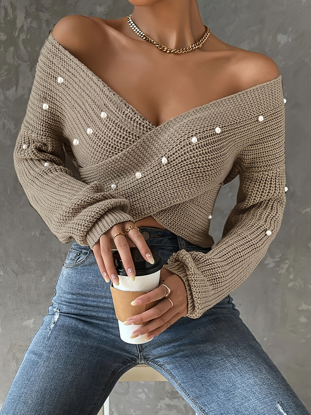 Women's Elegant Cross Neck Long Sleeve Sweater with Pearl Accents - Soft Beige Regular Fit Pullover, All-Season Versatile Casual & Formal Tops, Sweater, Formal Attire Top, Relaxed Fit Top, Durable Fabric Top