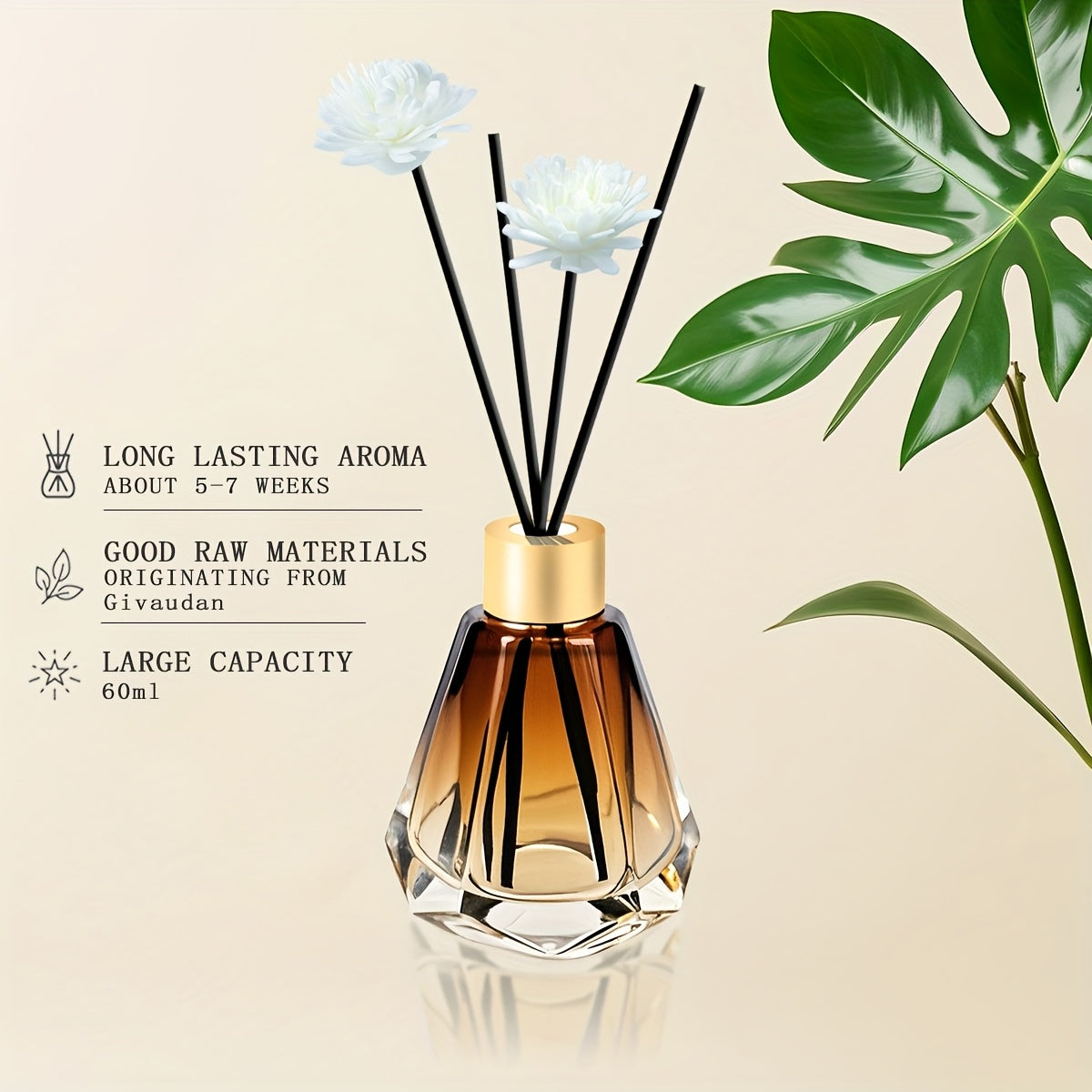 Essential Oil Diffuser with 5-7 Week Long-Lasting Fragrance - 60ml/2.03oz Glass & Rattan Reed Diffuser for Home, Hotel, Office - Pure Plant Scent, Feather-Free, Easy-to-Use Design, Office Fragrance, Elegant Decor Item, Natural Aesthetic