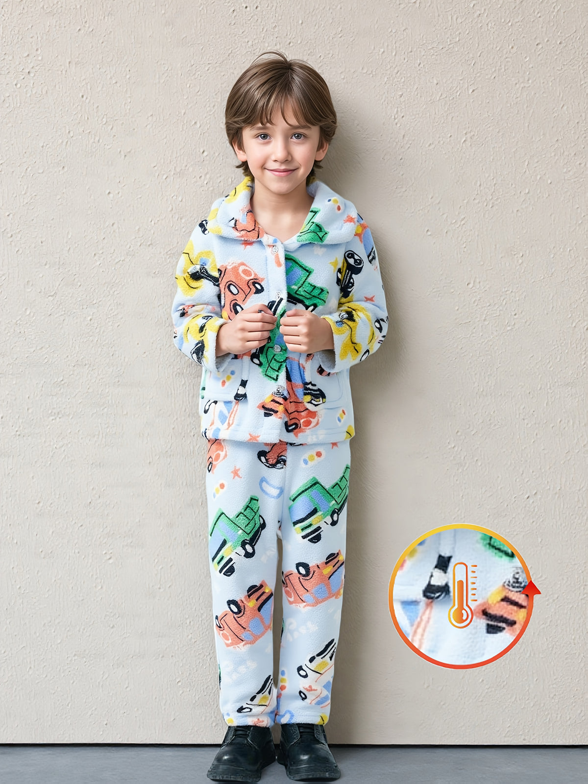 New Autumn and Winter Boys' Warm Set, New Fleece-Lined Thickened Flannel Top and Pants, The Best Gift for Children, Perfect for Outdoor, Thickened Fleece-Lined, Non-Stretch Fabric, Regular Fit, All-Season, Casual Style, with Random Print, for Boys