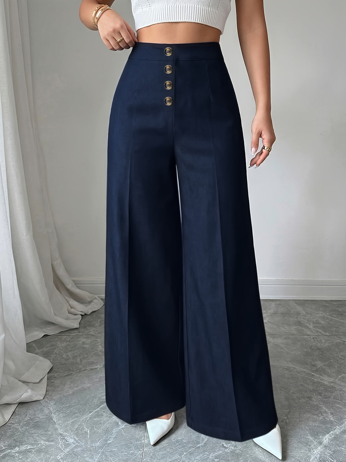 Women's New High Waisted Blue Straight Leg Pants with a Single Breasted Front, Simple, Elegant and Fashionable Pants