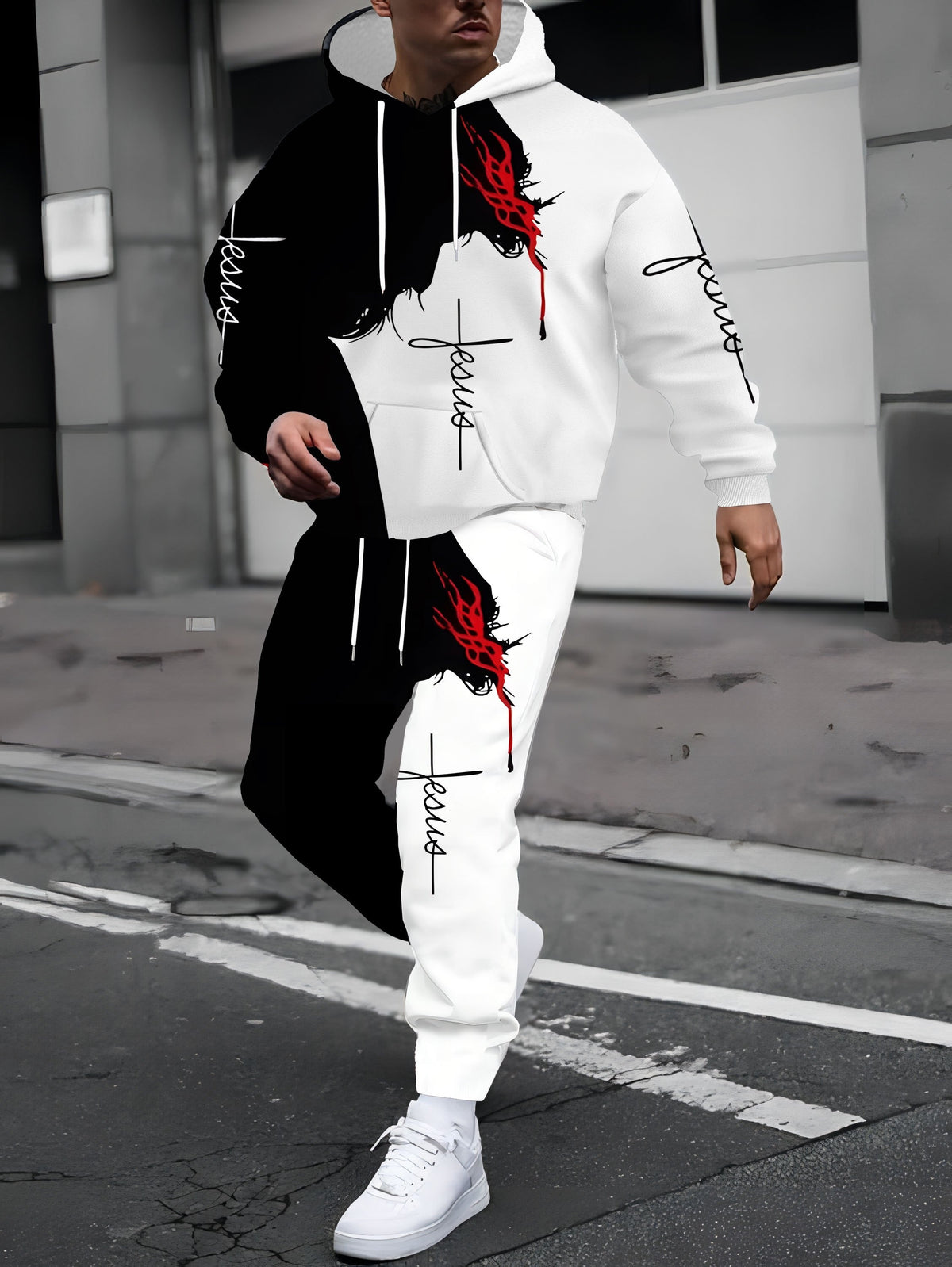 Men's 3D Printed Casual Sportswear Set - Long Sleeve Hoodie & Joggers, Machine Washable, Polyester Blend for Fitness & Training, Hoodie And Jogger Set, Black And White Print