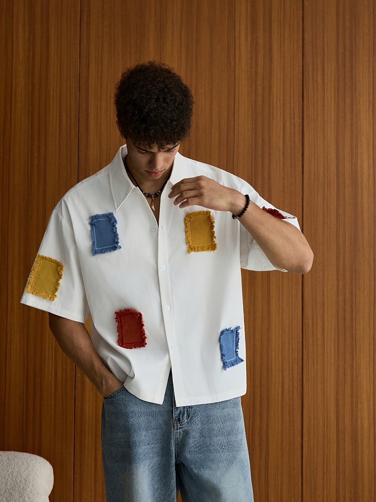 Men'S Summer Casual Contrast Patchwork Shirt, Lapel Short Sleeve Fashion Shirt