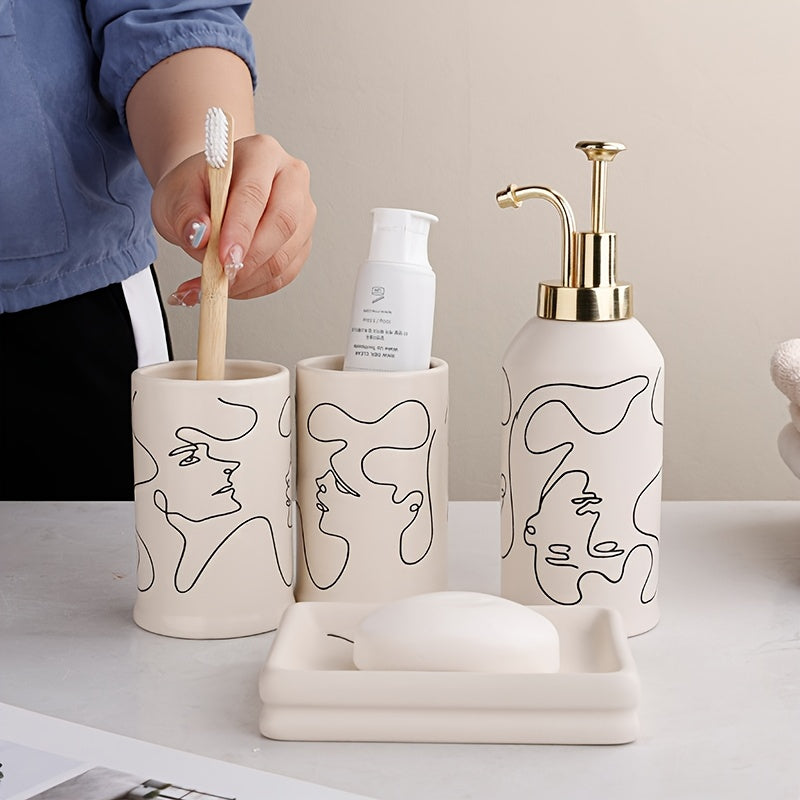4pcs Modern Abstract Bathroom Set - Ceramic Soap Dispenser, Toothbrush Holder, Cup Tray - Contemporary Vanity Accessories with Golden Accents, Ideal Couples Gift, Bathroom Decor And Accessories, Bathroom Accessory Set, Bathroom Sink Kit With Tray, Bathro