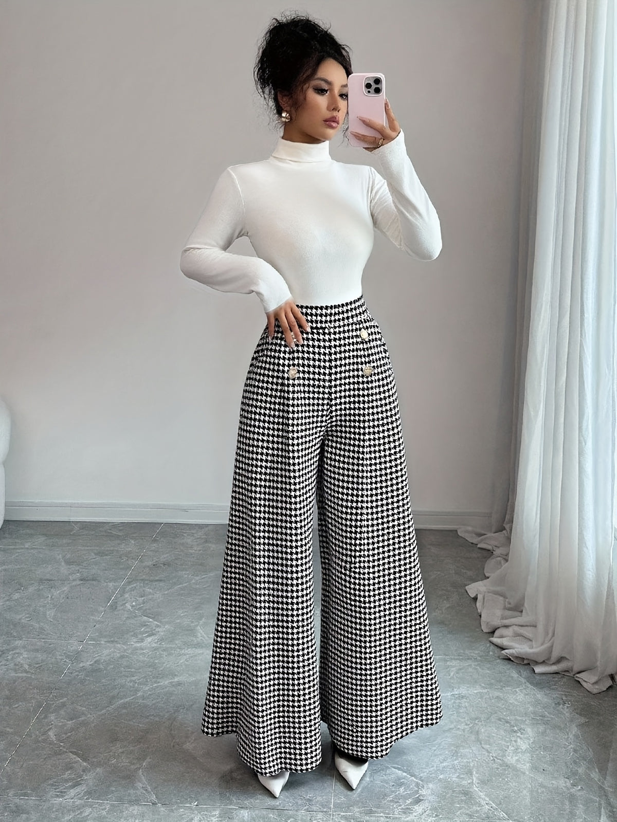 Women'S Stylish Casual Wide-Leg Trousers; Houndstooth Print; Decorative Buttons; High-Waisted Wide-Leg Casual Pants