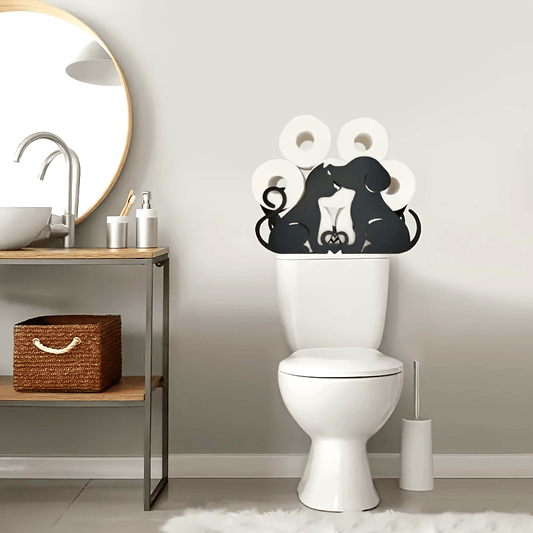 Powder-Coated Iron Cute Poodle Couple Toilet Paper Holder - Freestanding/Adhesive Bathroom & Kitchen Tissue Roll Dispenser, No Drill Installation, Dog-Themed Home Storage Accessory for Pet Lovers (Black/White)