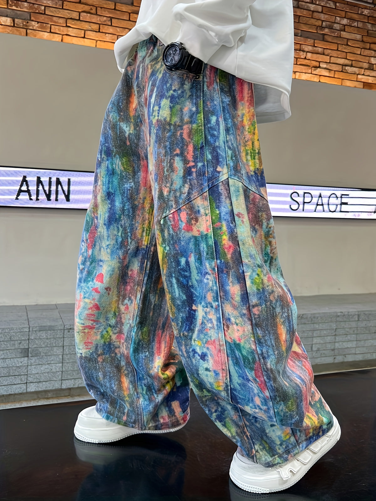 Boys' Streetwear Wide-Leg Pants - Vibrant Tie-Dye Pattern, Elastic Waistband with Drawstring, Pockets, Regular Fit Casual Trousers for Spring/Fall Outdoor Play & Casual Attire, Boy Pants, Spring Fall Attire, Trendy Streetwear, Comfortable Fit, for Outdoo