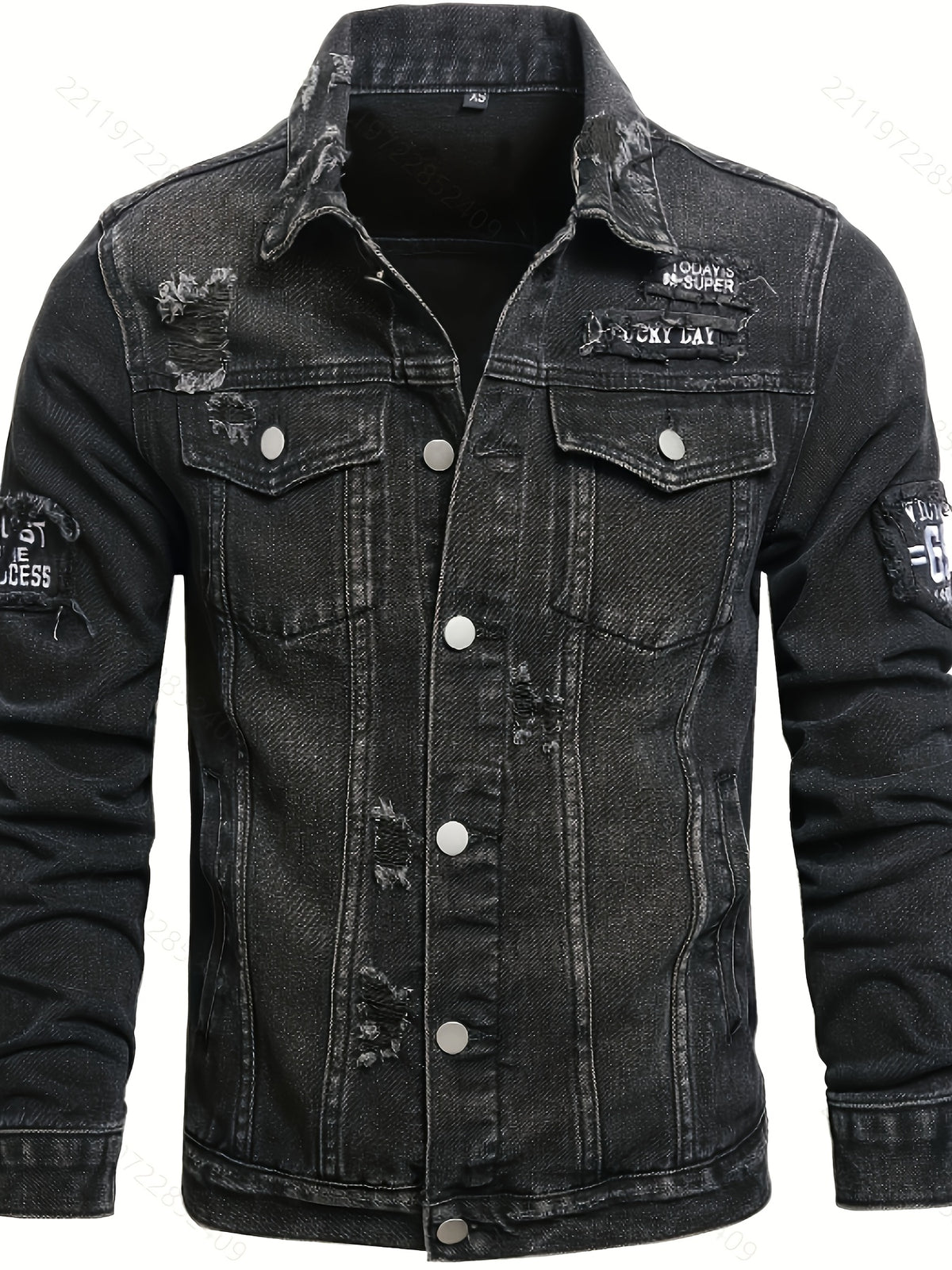 Men's Black Distressed Jacket - Vintage Streetwear Coat with Button-Up Front, Non-Stretch Fabric - Machine Washable Casual Outerwear for Everyday & Formal Events, Versatile Clothing, Classic Collar, Quality Stitching, Stylish Outerwear, Urban Style