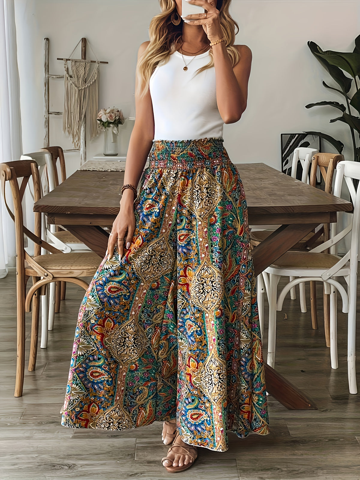 Women's Paisley Print High-Waist Wide-Leg Holiday Straight-Leg Pants