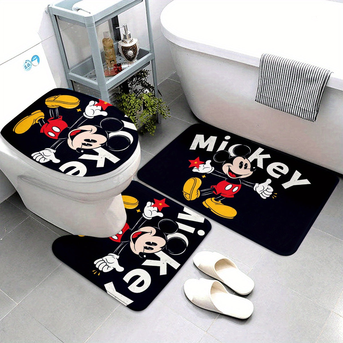 3pcs Disney Mickey Print Bathroom Mat Set, Three-Piece Bath Mat Set Rug Set, Bathroom Floor Mat, Toilet Lid Mat, Toilet U-Shaped Mat, Floor Rug, Christmas Decoration, Birthday Gift, Anniversary, Disney Fan Gift