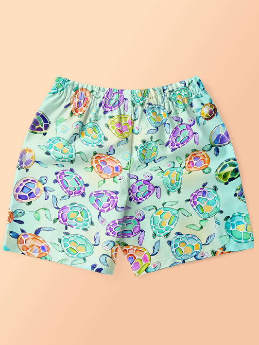 Men'S Shorts Beach Colorful Sea Turtle Group Swimming Light Blue Water Pattern - Casual Pants with Drawstring, Versatile Everyday Wear