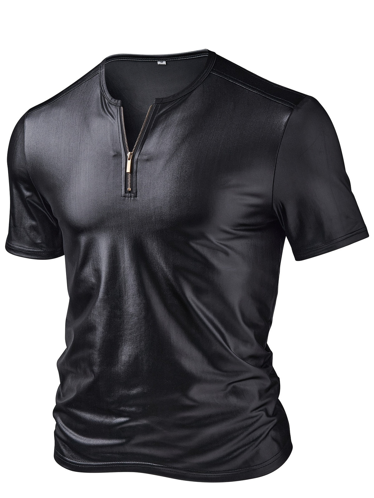 Men'S Stylish Black Henley Shirt - Casual Summer Short Sleeve with Zipper Detail, Stretch Knit Fabric, Regular Fit Henley Neckline, Smooth Fabric for Casual Attire