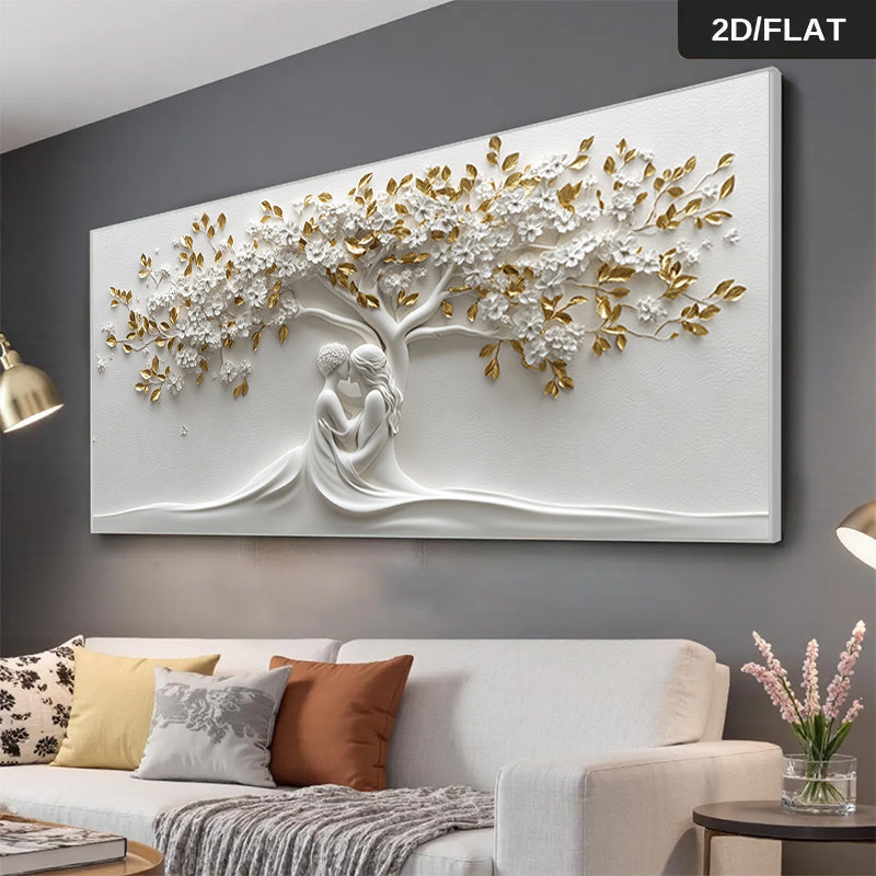 1pc Large Modern Minimalist Frameless White & Golden Tree of Love Couple Embrace Wall Art - 31.49"x62.99" (80x160cm) White & Golden Leaf Pattern Canvas Painting for Living Room, Bedroom - Lovers Under Flowering Tree Poster, No Frame Needed, 2D Flat