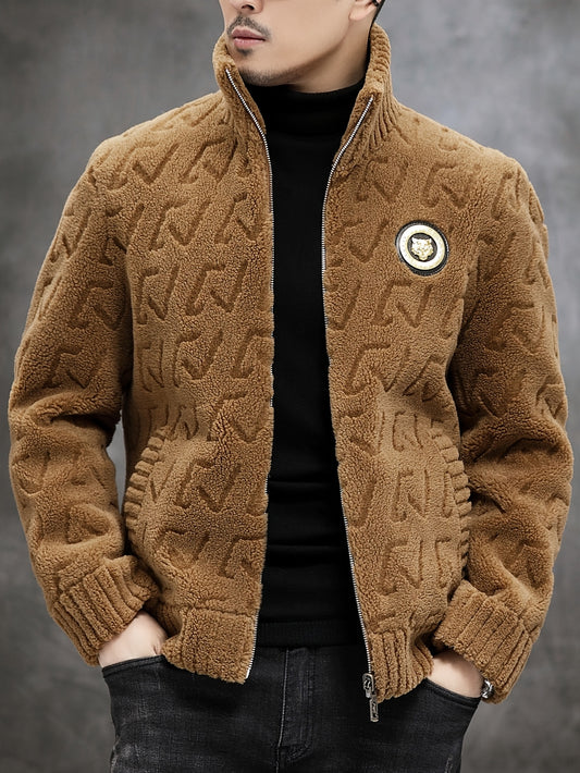 Men's Faux Fur-Lined Jacket - Casual Business Style, Warm Slim Fit, Full-Zip with Stand Collar and Ribbed Cuffs for Fall/Winter, Autumn Outerwear | Stand Collar Jacket | Golden Button Detailing