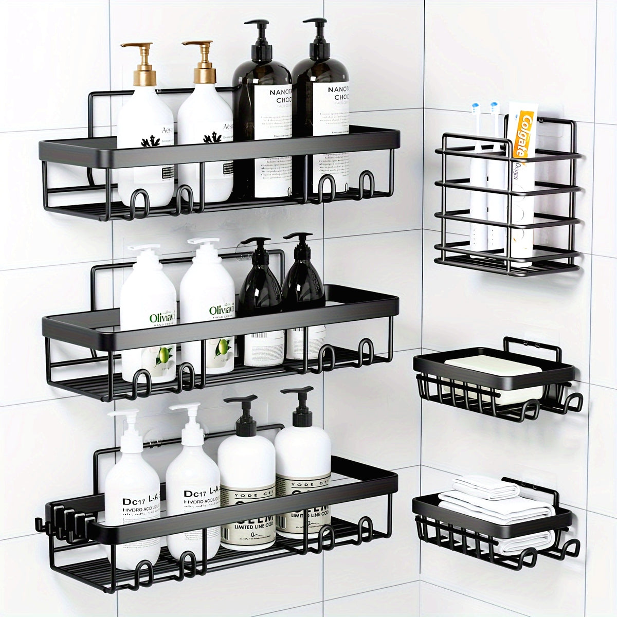 6-Pack Stainless Steel Shower Organizer Baskets, Black Wall-Mounted Shelves, Adhesive Installation, Painted Finish, for Bathroom Storage, Hanging Shelves, No Metal Pipes Included