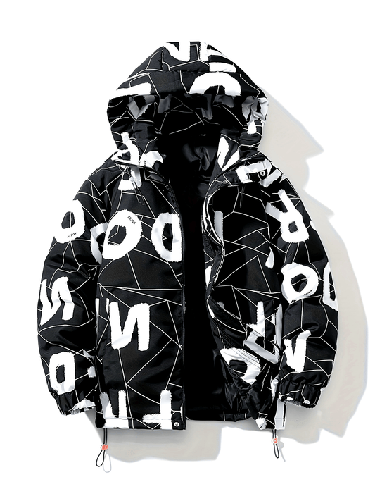 Men'S Heavyweight Hooded Jacket - Black with White Letter Pattern, Full-Zip Front Closure, Loose Fit Winter Coat for Cold Weather, Urban Streetwear Outerwear, Winter Jacket, Casual Outerwear, Durable Fabric, Long Sleeve Coat, Streetwear Lovers