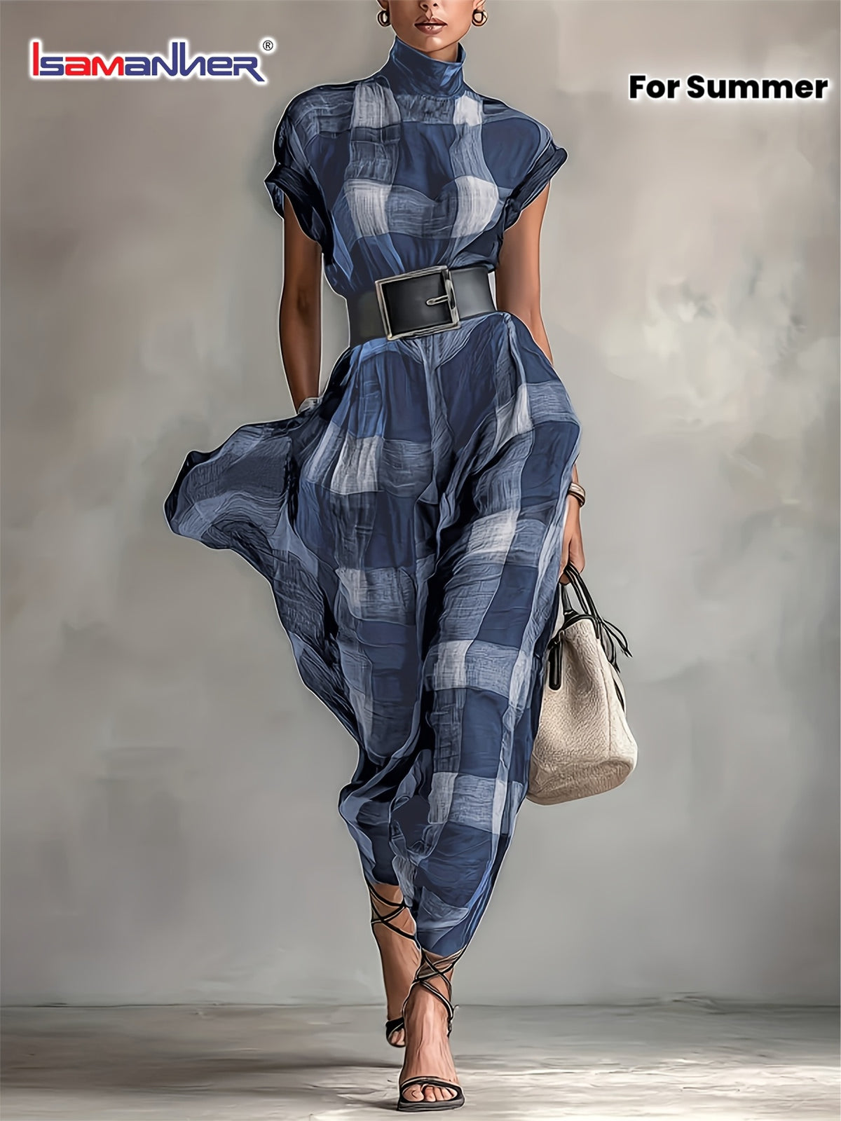 ISAMANNER-BK1201016 Elegant Vintage Loose Waist High Neck Plaid Dress for Spring And Summer Without Belt - YL25348